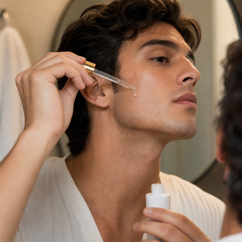 Applying VIADERM SkinShield serum to jawline after shaving
