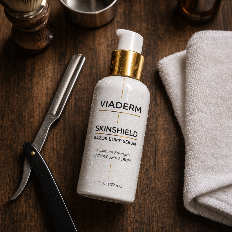 VIADERM SkinShield styled with straight razor and white towel