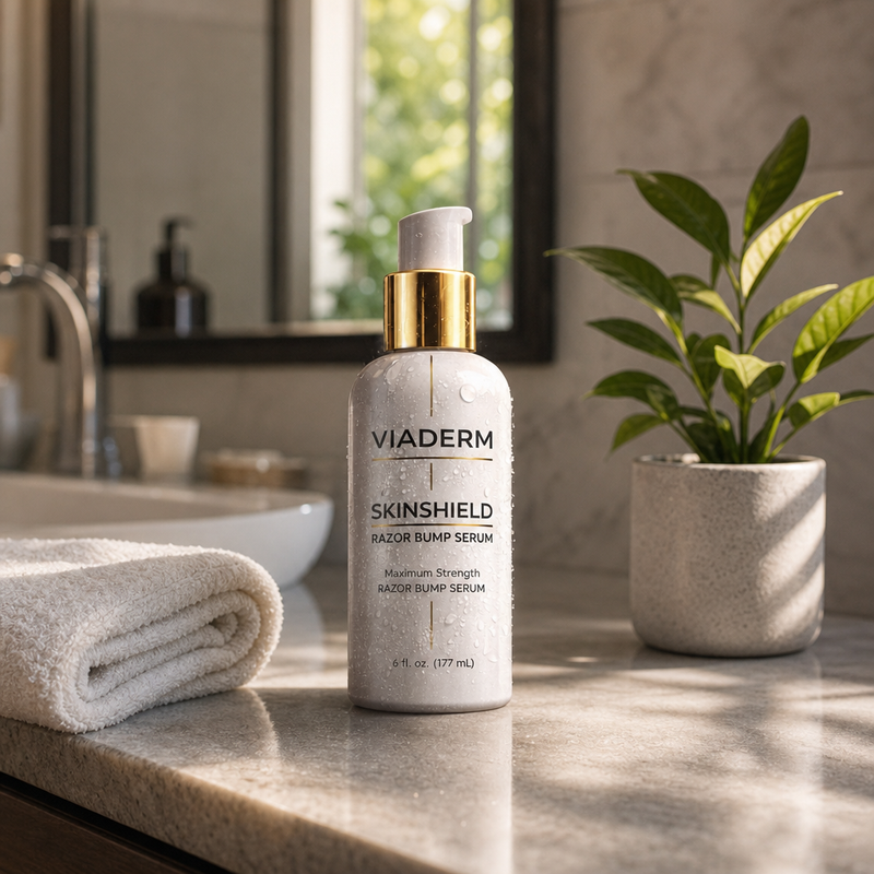 VIADERM on bathroom counter with folded towel