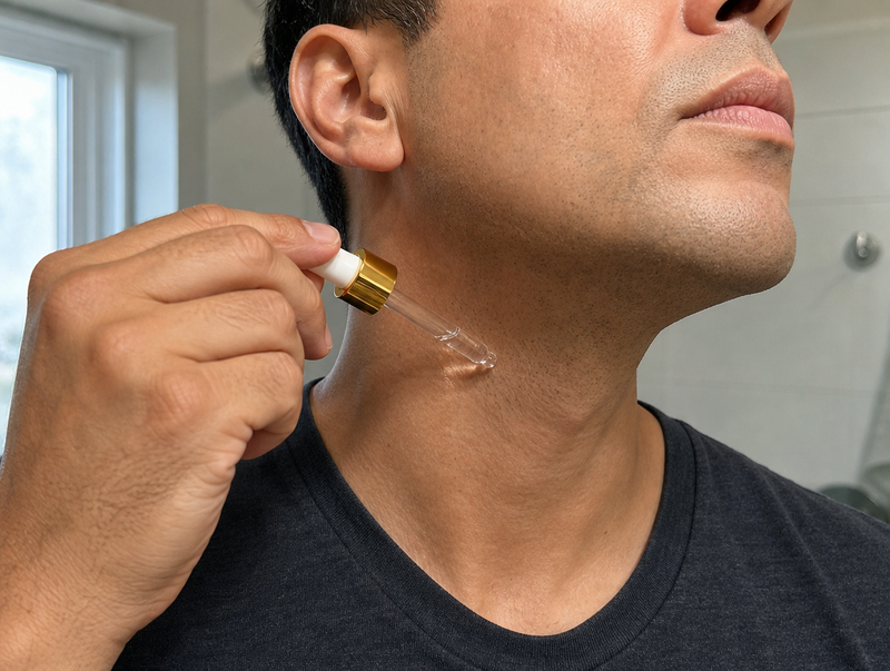 Close-up applying VIADERM serum to neck and jawline