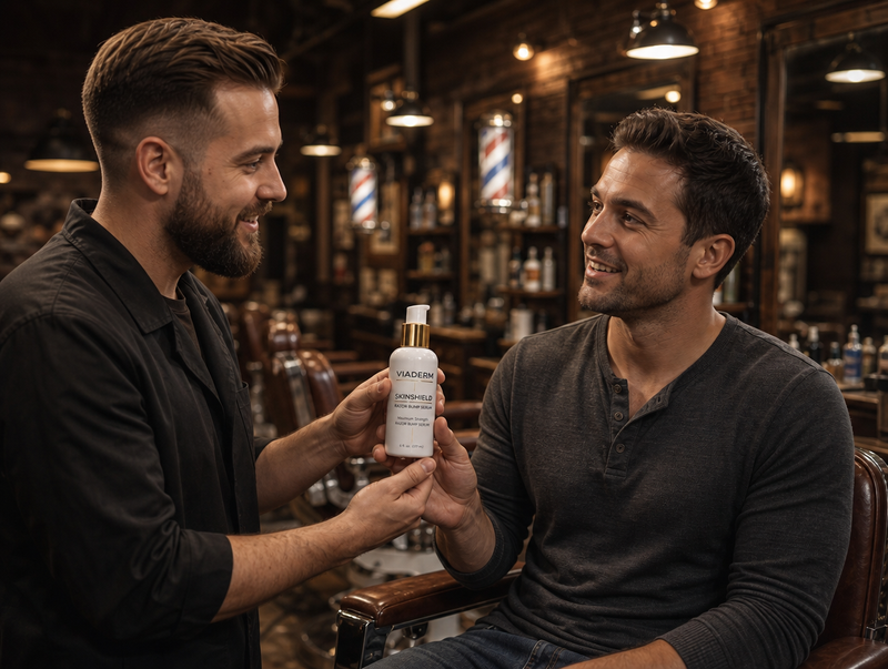 Barber handing VIADERM SkinShield to client in barbershop