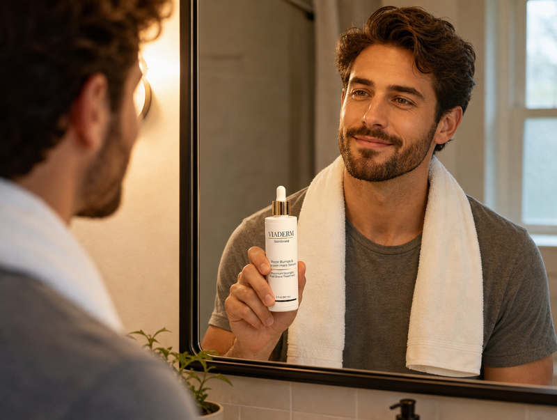 Man holding VIADERM SkinShield in bathroom mirror — confident after shave