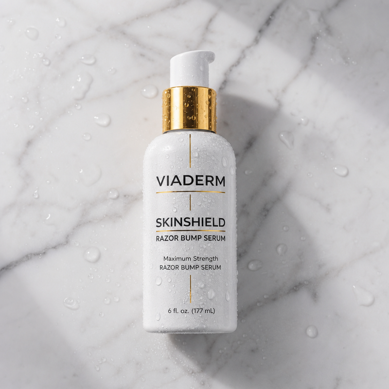 VIADERM SkinShield on white marble — minimalist luxury