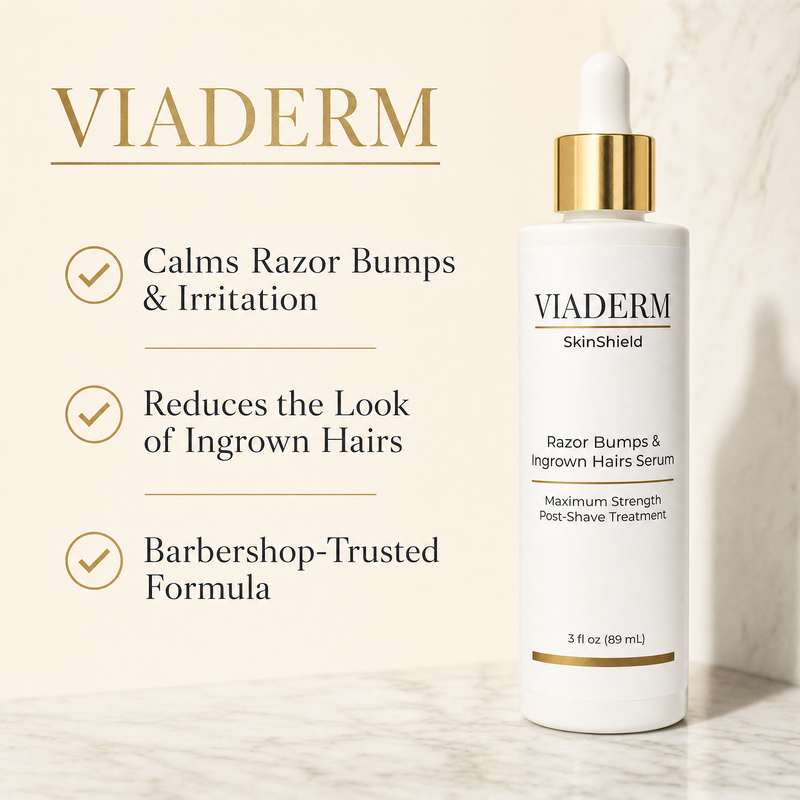 VIADERM SkinShield benefits infographic — razor bumps and dark spots